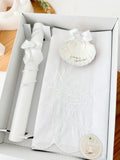 Conjunto para Batizado: vela, toalha e concha Batizado Pomba