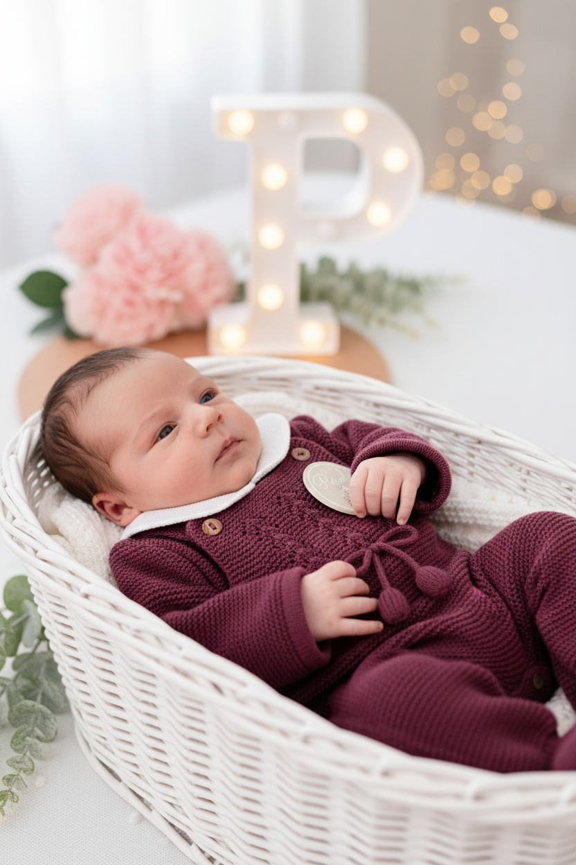 Saída de maternidade beringela: jardineiras, camisola e gorro