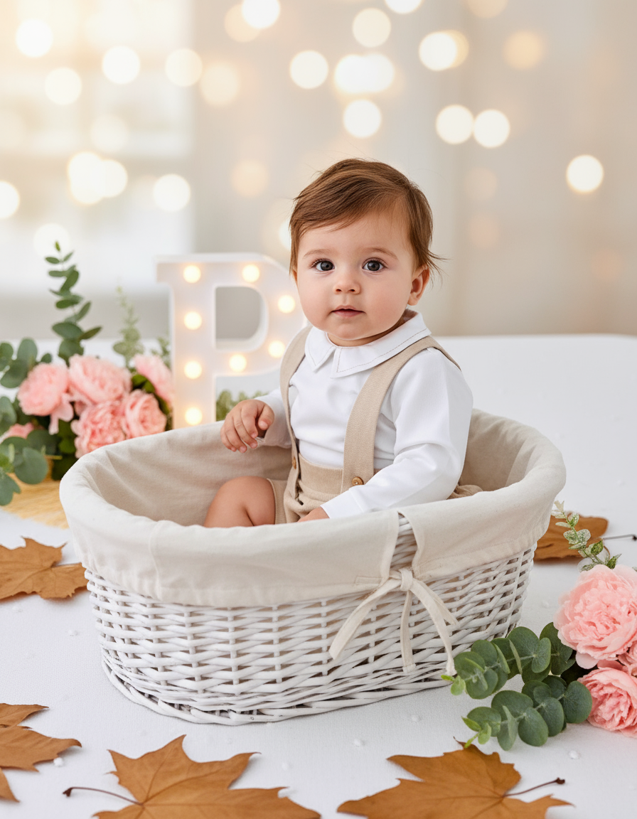 Conjunto menino bege: Calções bombazine e camisa- Outono/Inverno