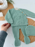 Conjunto malha 100% algodão: camisola, calças e gorro