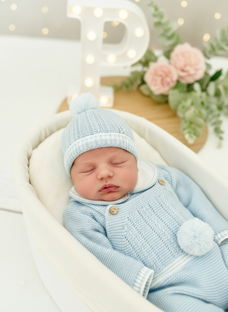 Conjunto Pompom Azul: jardineiras, camisola e gorro