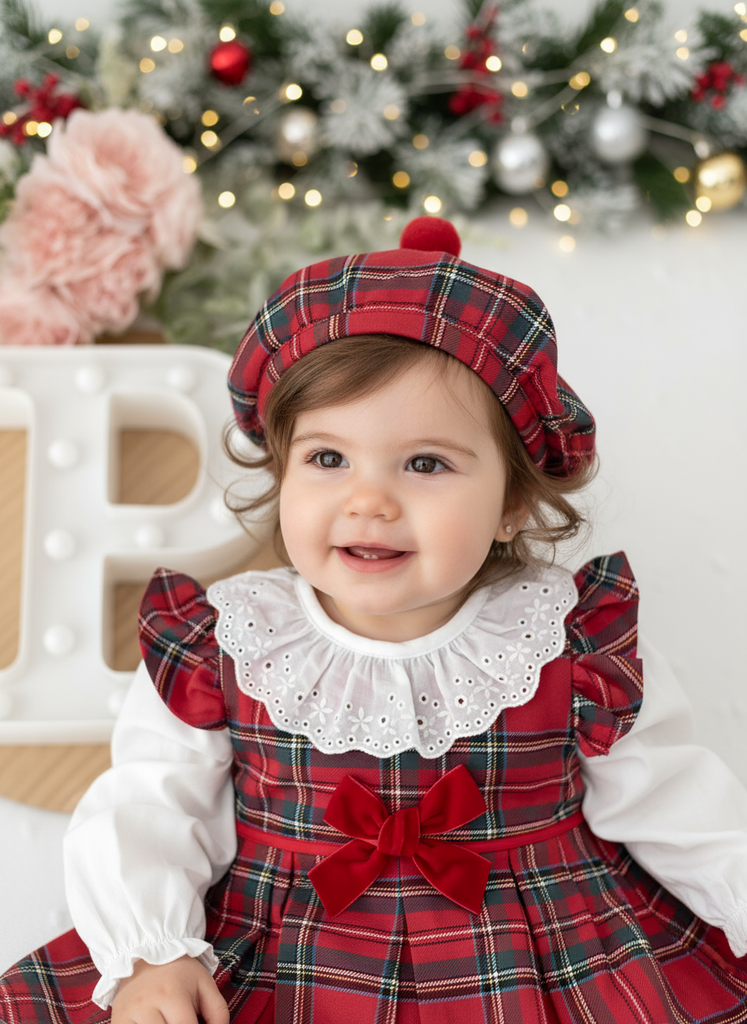 Conjunto Menina Tartan Vermelho e azul- Vestido, Blusa e Boina Natalícia
