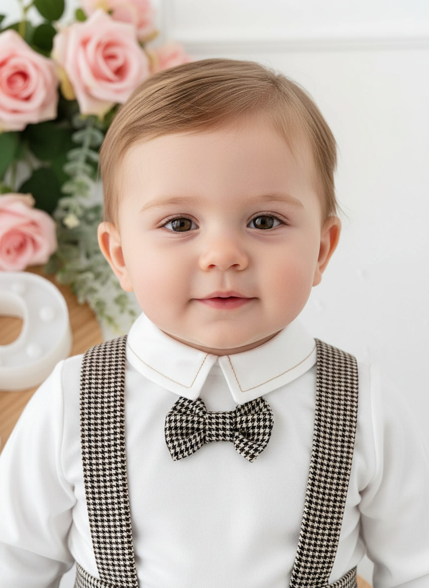 Conjunto xadrez castanho  menino: calções, camisa e laço xadrez