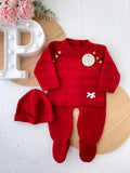 Conjunto malha quentinha riscas: camisola, calças e gorro