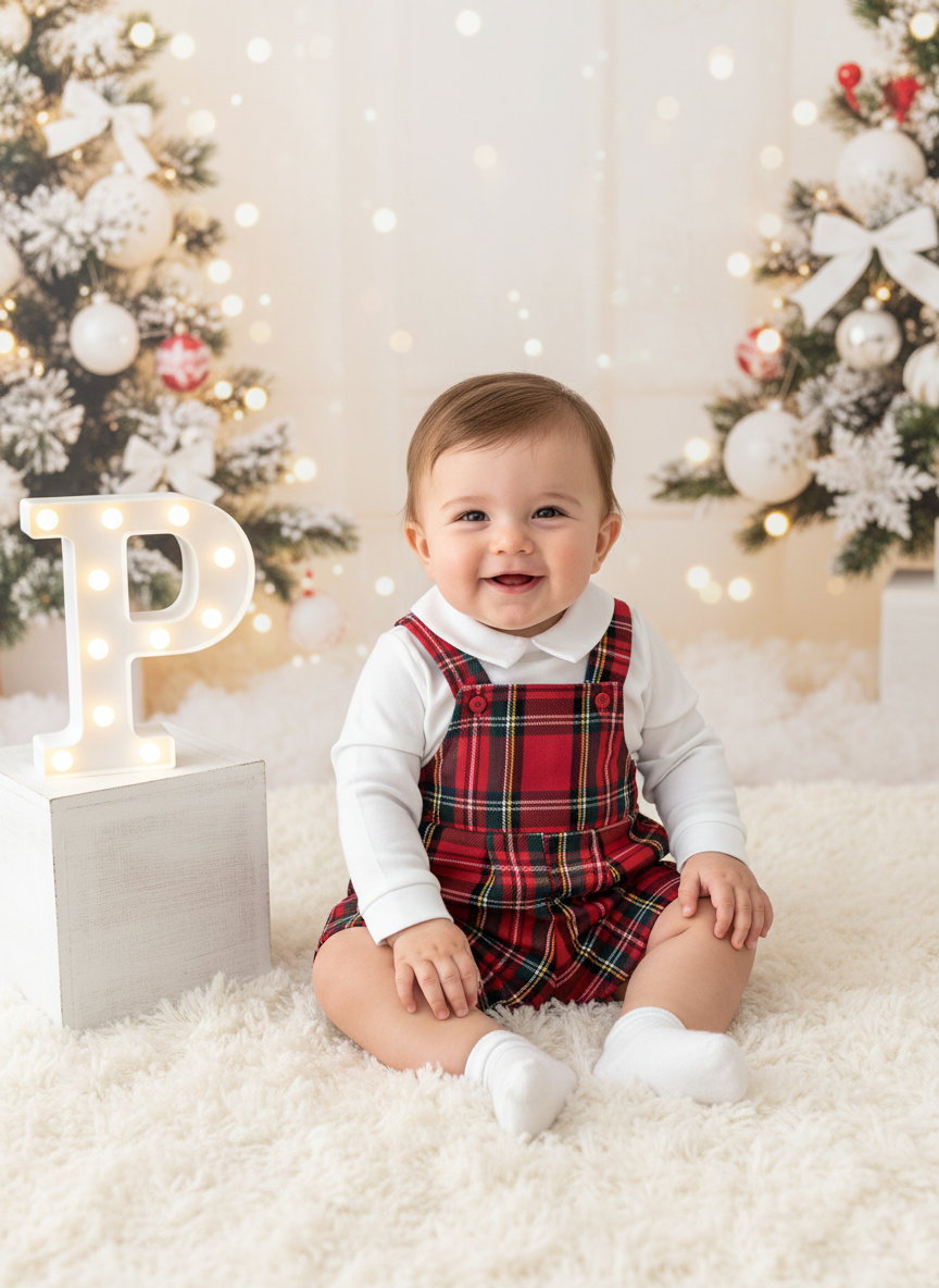 Conjunto Menino Tartan Vermelho e Preto - Jardineiras Calções e Camisa