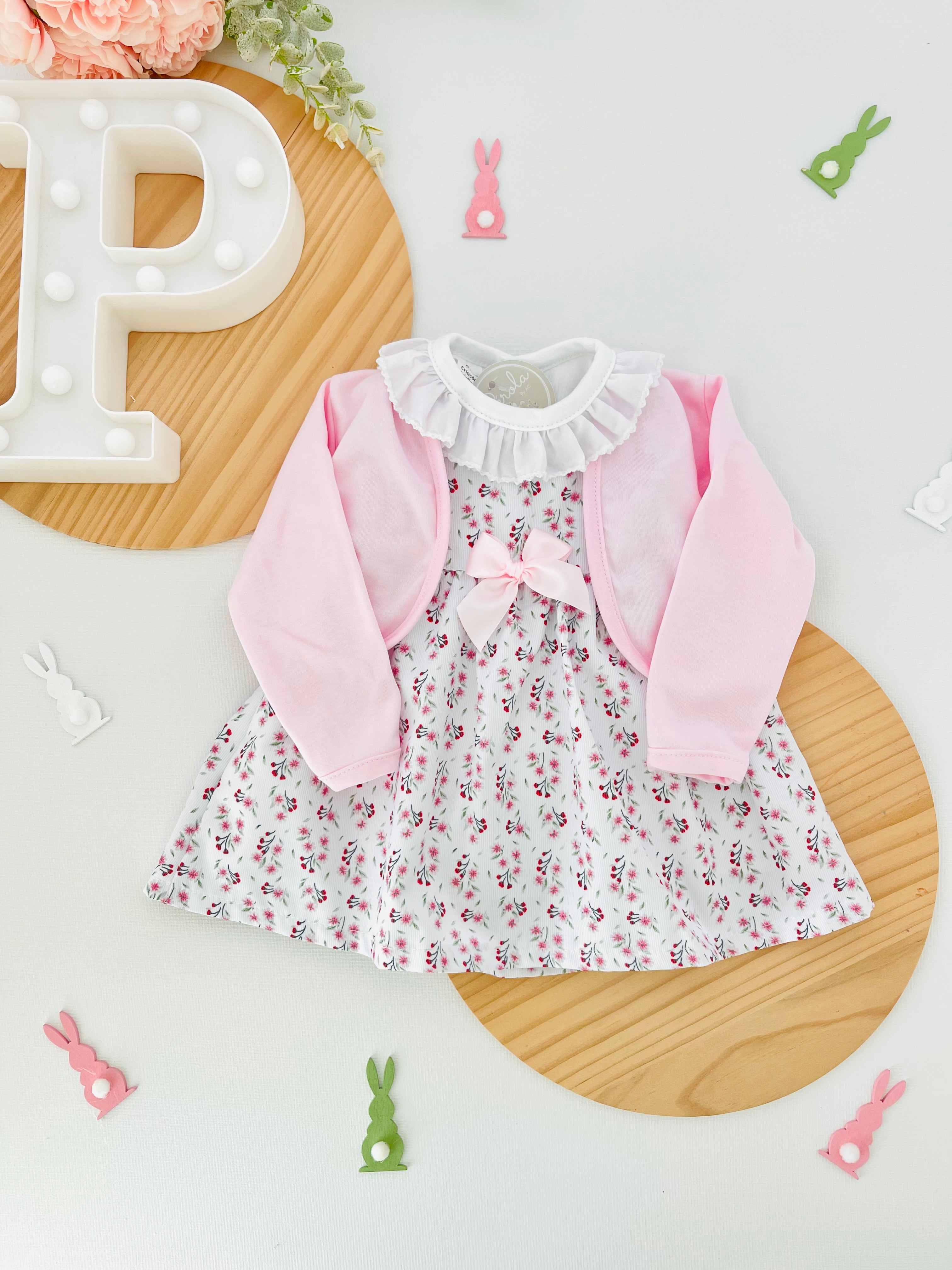 Conjunto algodão: casaco, vestido e camisola com golinha