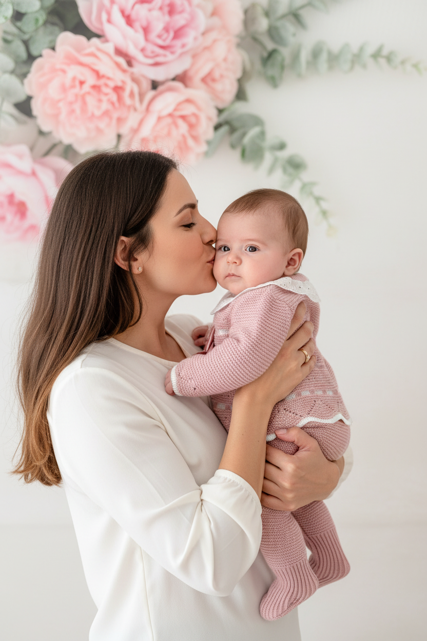 Conjunto princesinha de malha rosa com bordado inglês