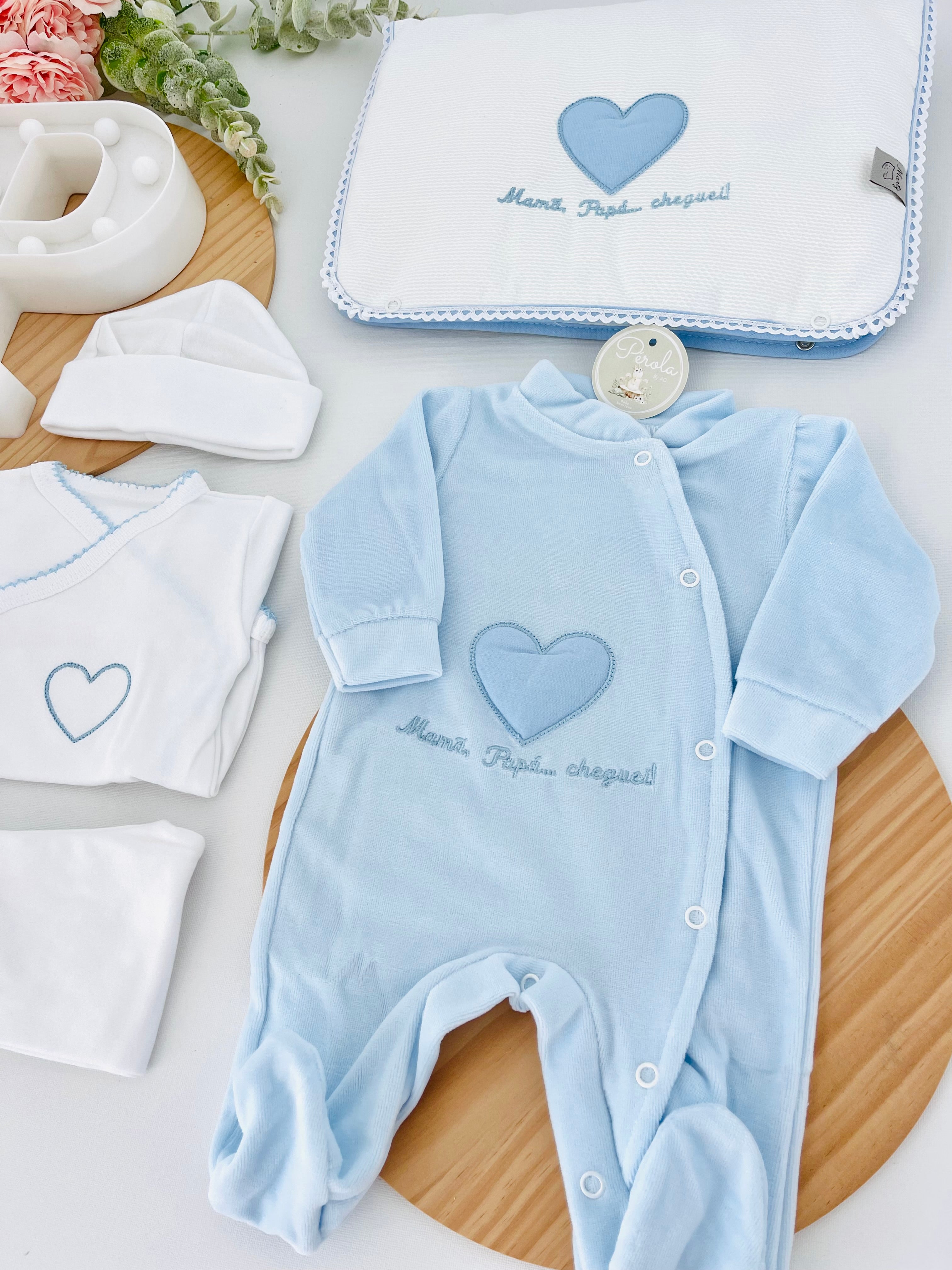 Conjunto primeira roupinha veludo- Mamã Papá cheguei