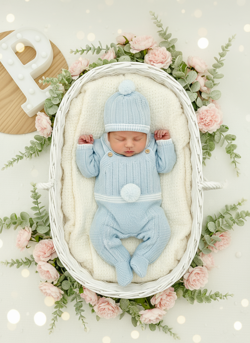 Conjunto Pompom Azul: jardineiras, camisola e gorro