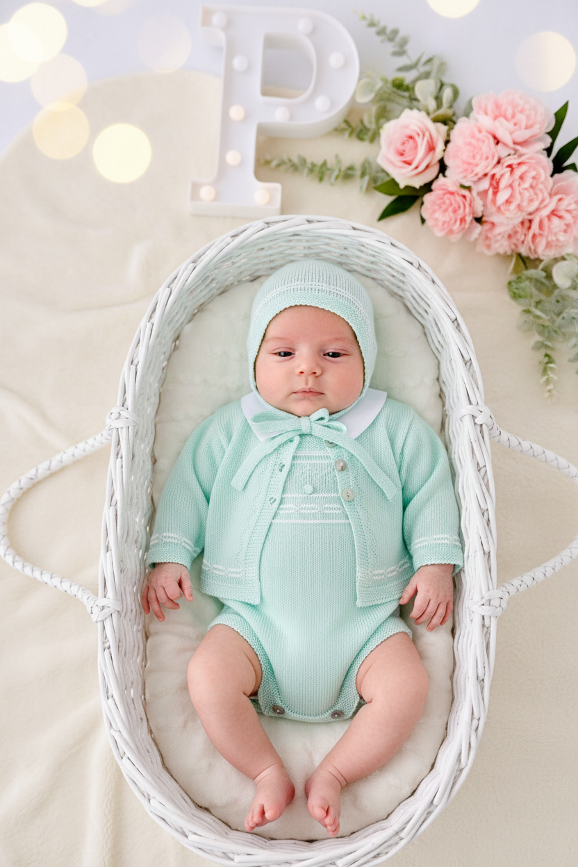 Conjunto 4 peças: fofo, camisa, touca e casaco