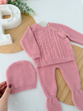 Conjunto malha 100% algodão: camisola, calças e gorro