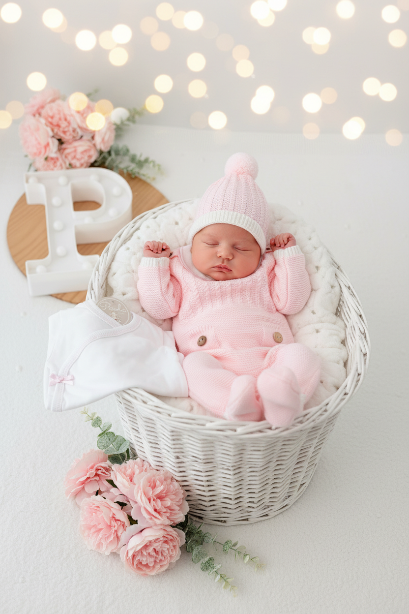 Pack saída de maternidade rosa 5 peças: body, calças, jardineiras, camisola e gorro