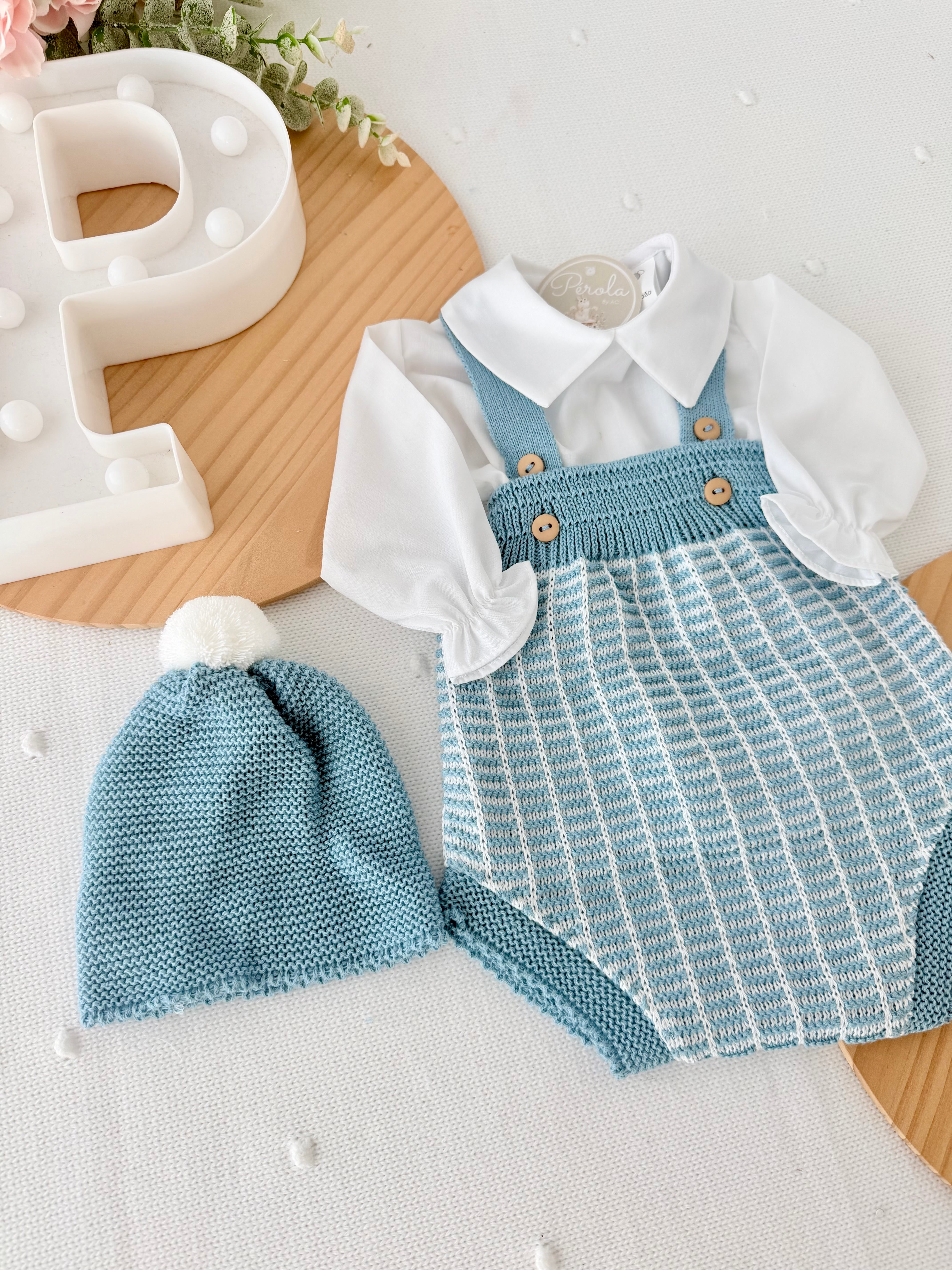 Conjunto doce azul: Fofo, camisa  e gorro