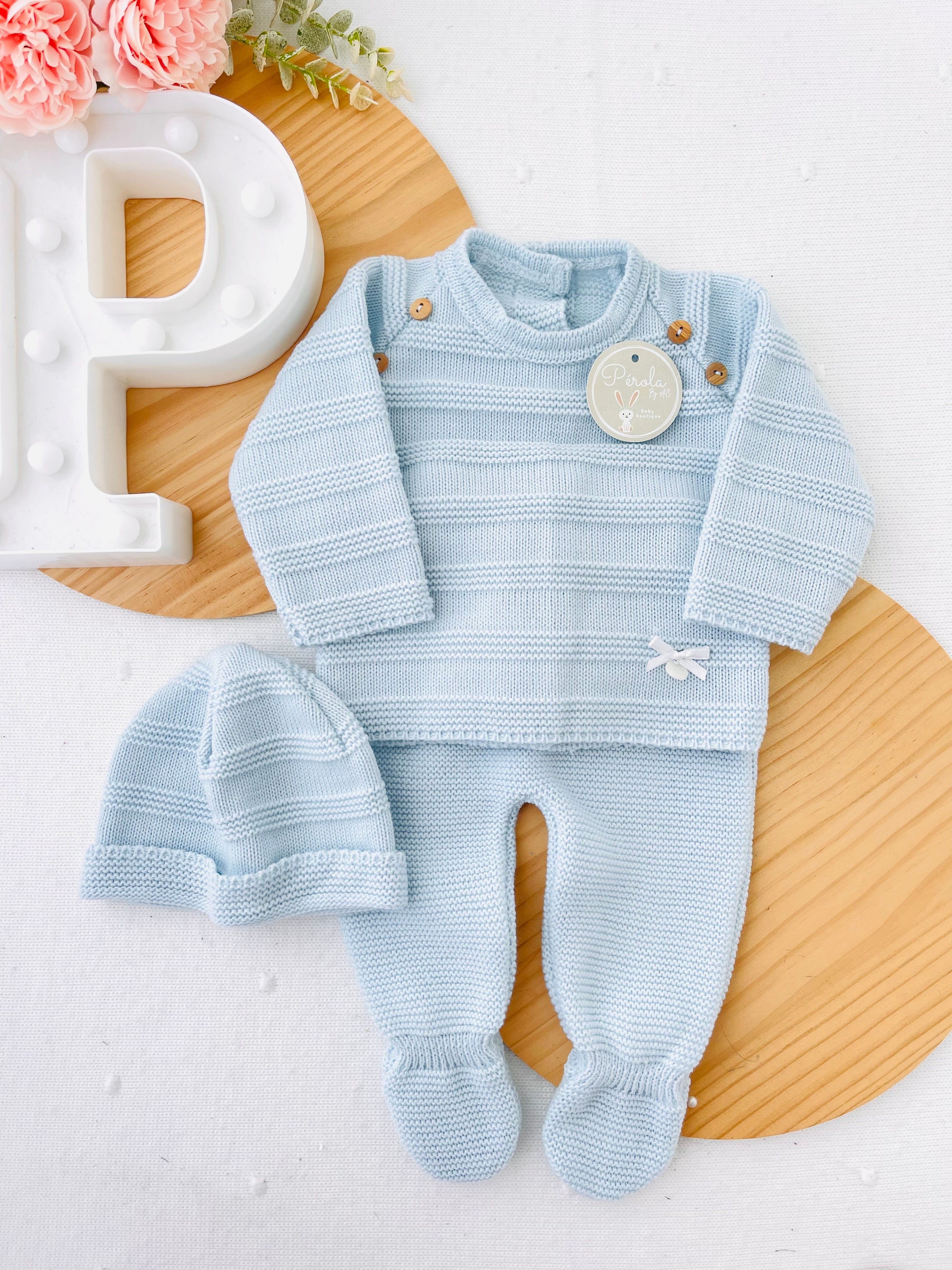 Conjunto malha quentinha riscas: camisola, calças e gorro Outono/Inverno