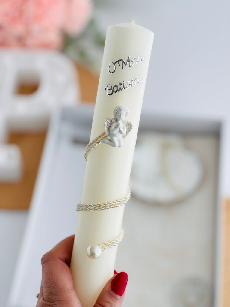 Conjunto para Batizado: vela, toalha e concha Batizado Pomba