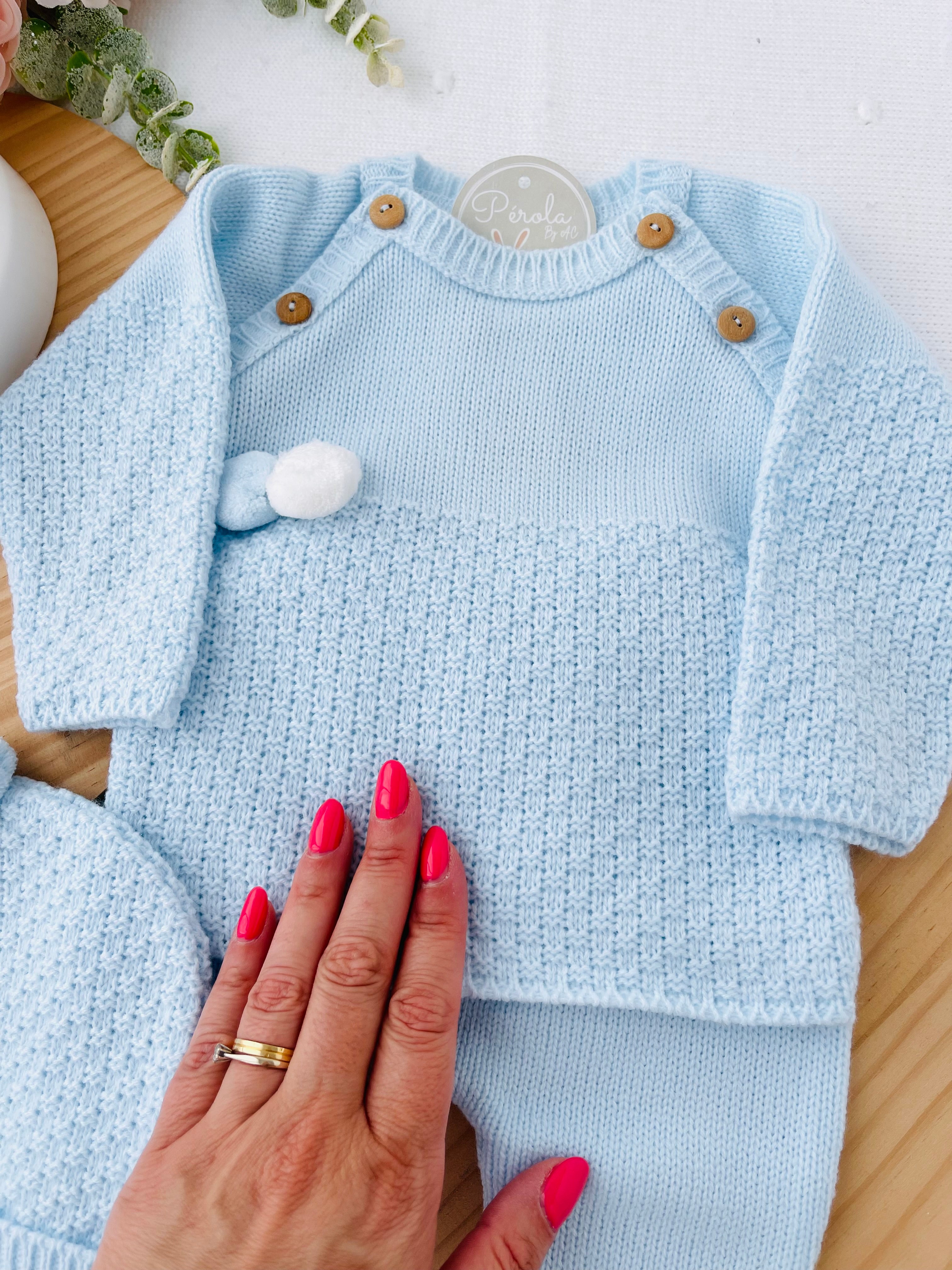 Conjunto menino malha azul: camisola, calças e gorro Outono/Inverno