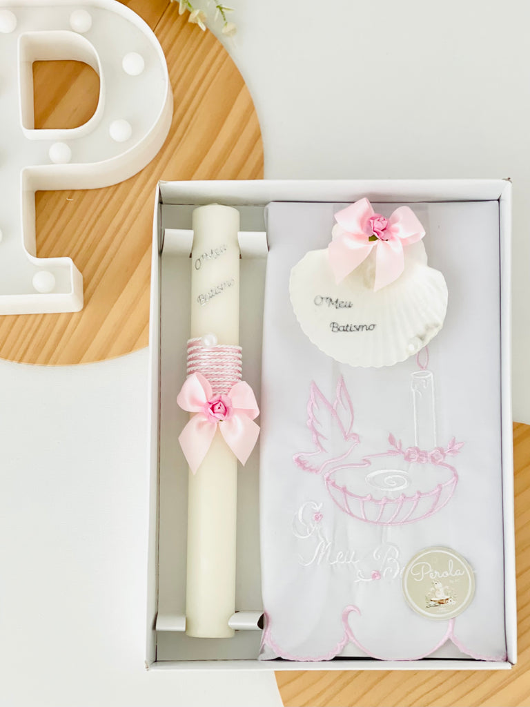 Conjunto para Batizado: vela, toalha e concha Batizado Pomba