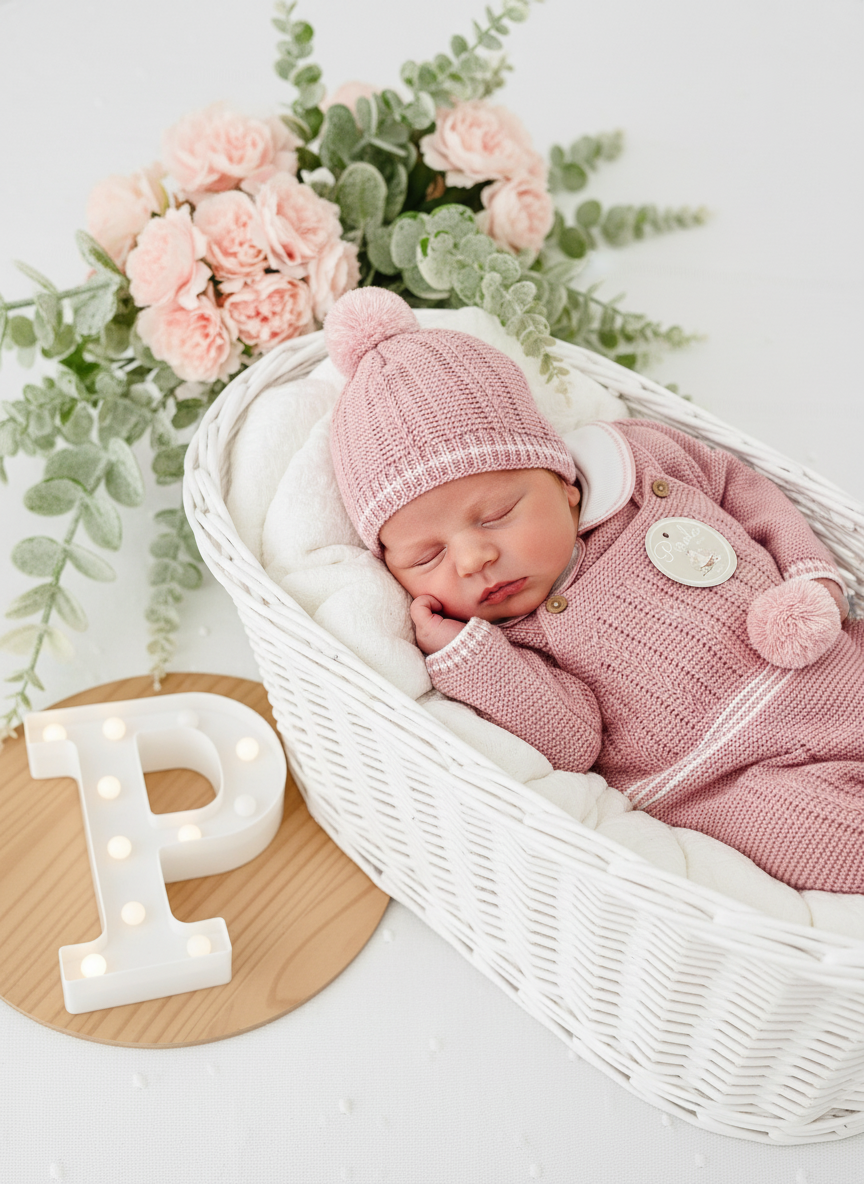 Conjunto Pompom rosa velho: jardineiras, camisola e gorro