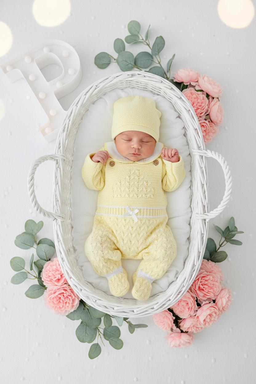 Pack saída de maternidade AMARELO 5 peças: body, calças, jardineiras, camisola e gorro