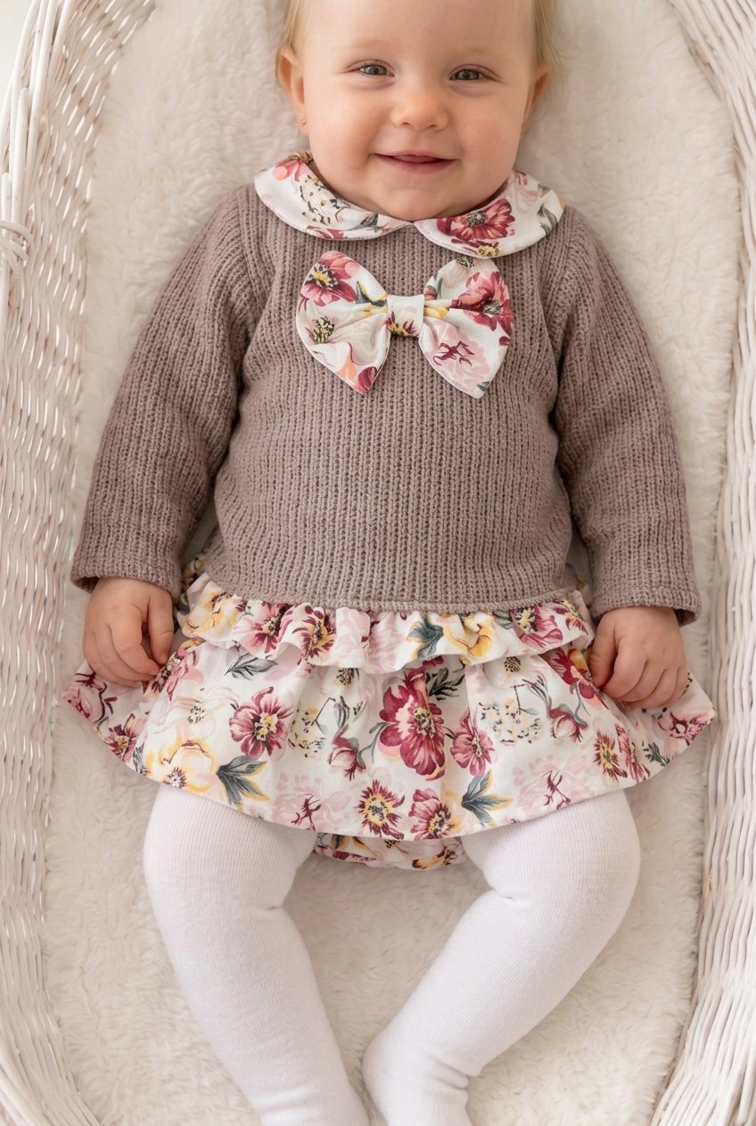 Conjunto castanho: camisola e saia/tapa fraldas