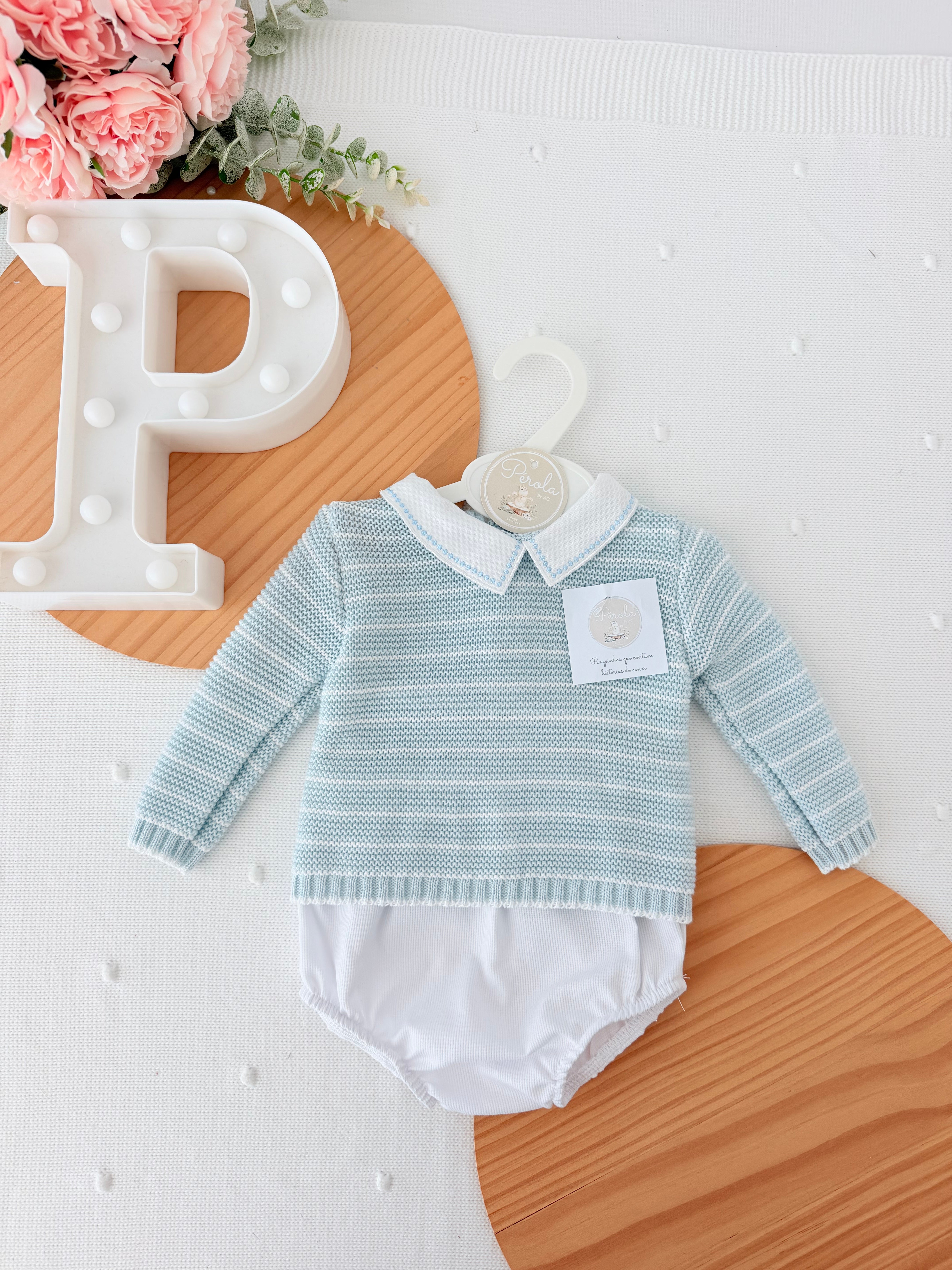 Conjunto azul riscas : camisola e tapa fraldas 1/3M