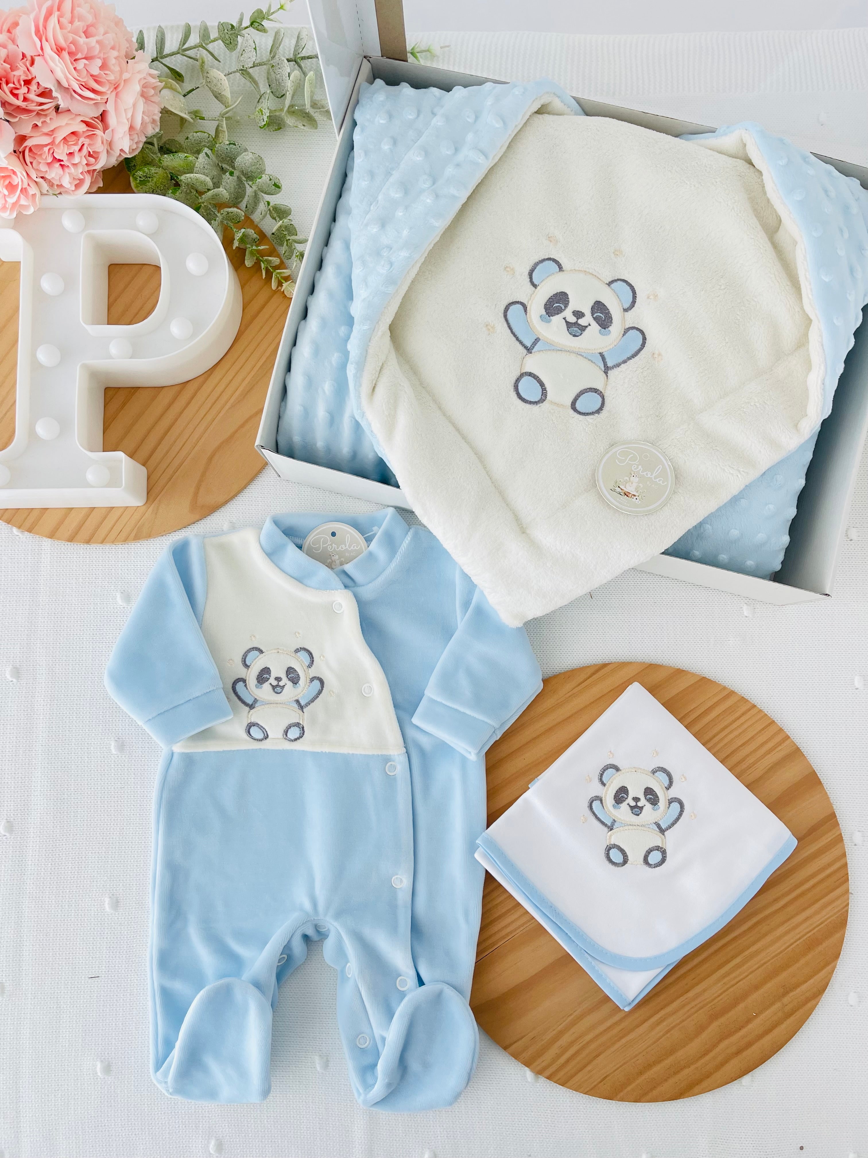 Pack panda em veludo: Babygrow, fralda e manta