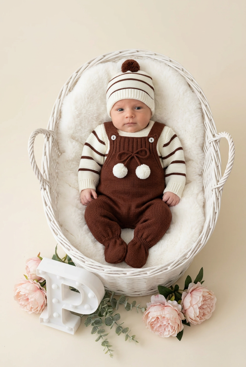 Conjunto risquinhas castanho: jardineiras, camisola e gorro