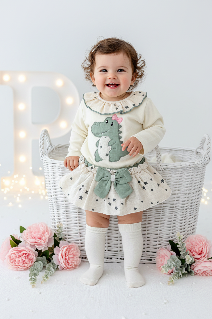 Conjunto dinossauro menina: camisola com capuz e calções