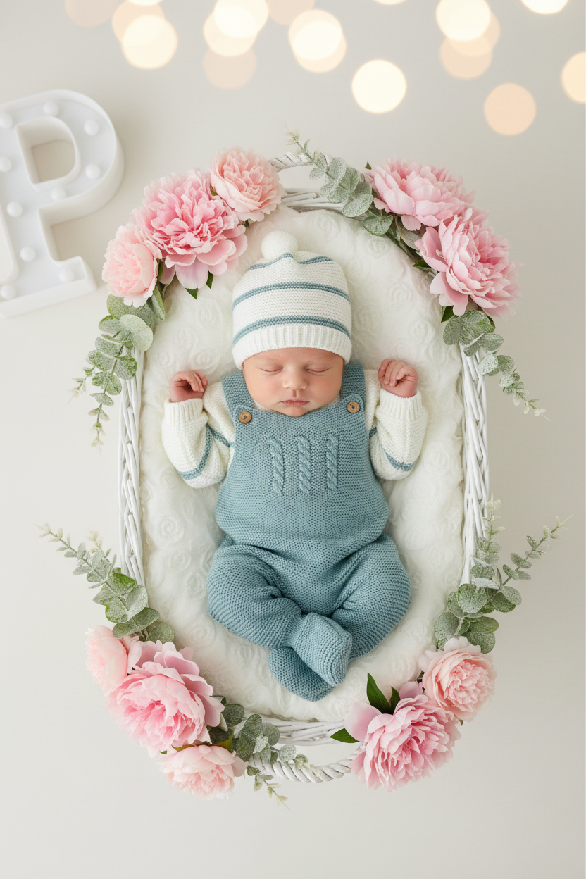 Conjunto riscas: camisola, jardineiras e gorro