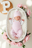 Saída de maternidade ROSA: jardineiras, blusa e gorro 100% algodão Primavera/Verão