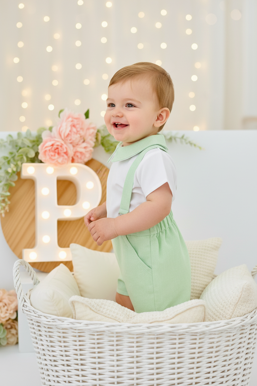 Conjunto Pequeno Príncipe: calções com suspensórios e camisa 3-12M