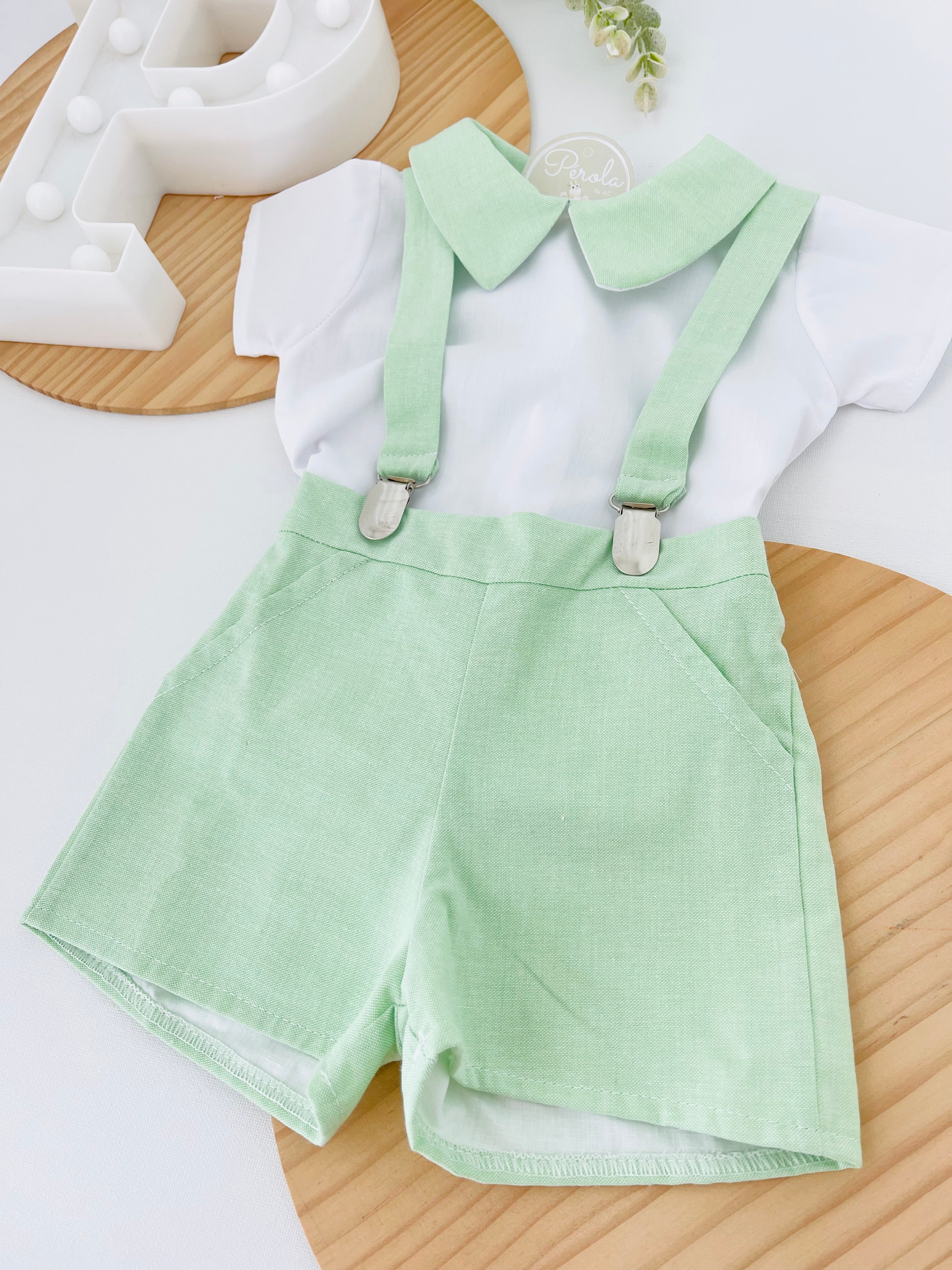 Conjunto Pequeno Príncipe: calções com suspensórios e camisa 3-12M