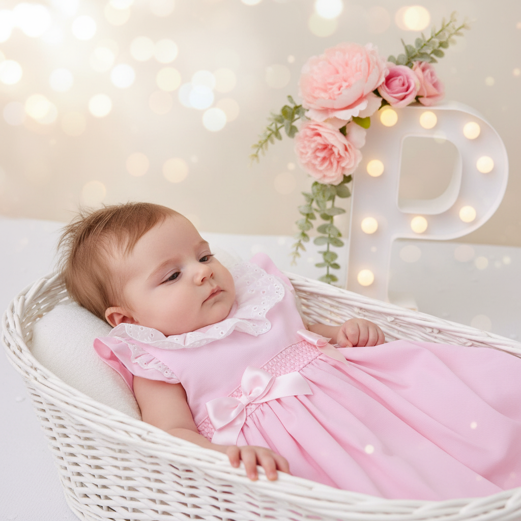 Conjunto cerimónia rosa: vestido com laço grande nas costas e tapa fraldas