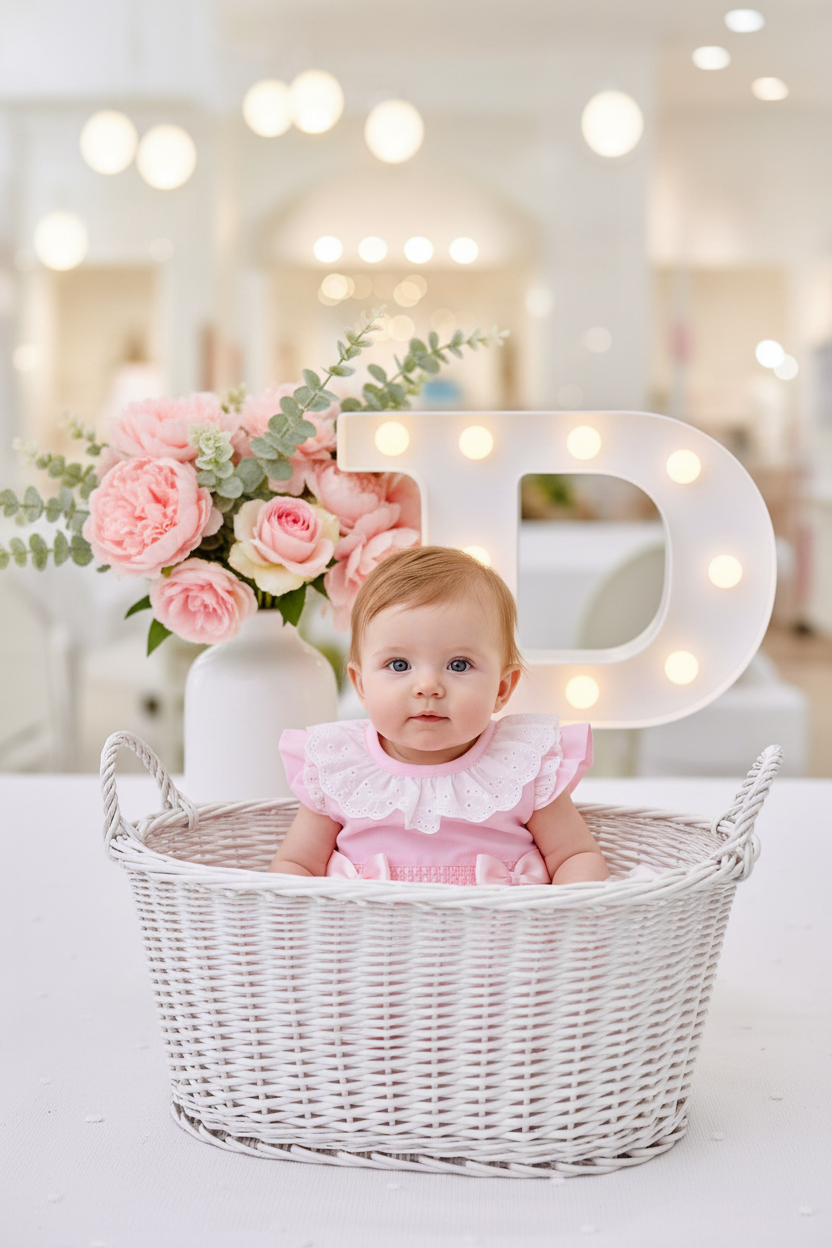 Conjunto cerimónia rosa: vestido com laço grande nas costas e tapa fraldas