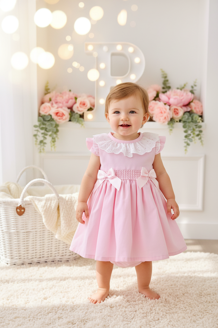 Conjunto cerimónia rosa: vestido com laço grande nas costas e tapa fraldas