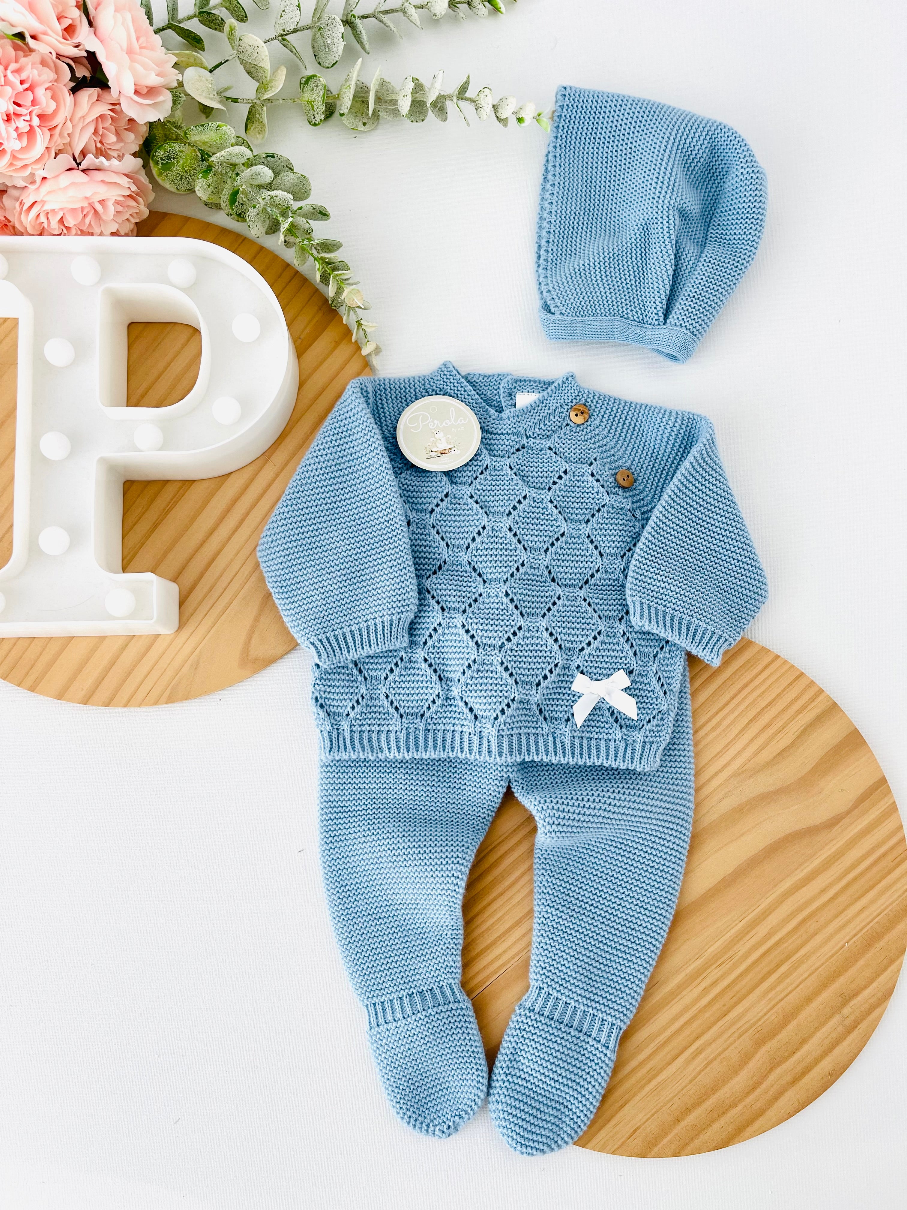 Conjunto malha colmeia para recém nascidos camisola, calças e touca - Outono/Inverno