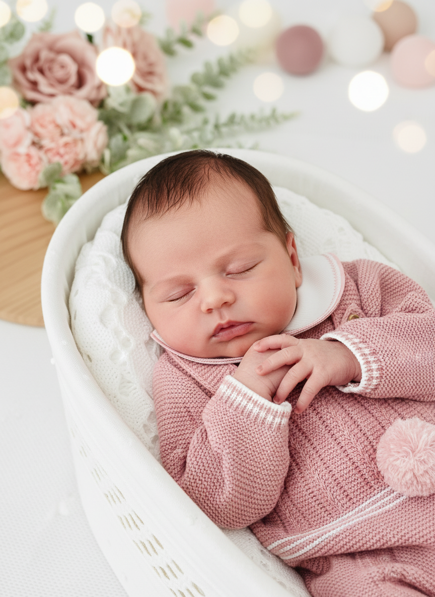 Conjunto Pompom rosa velho: jardineiras, camisola e gorro