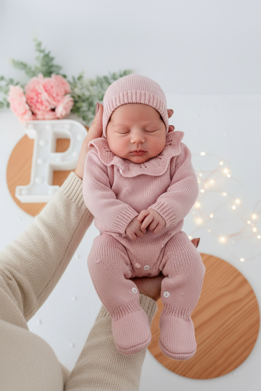 Babygrow e touca Rosa Velho em malha Outono Inverno