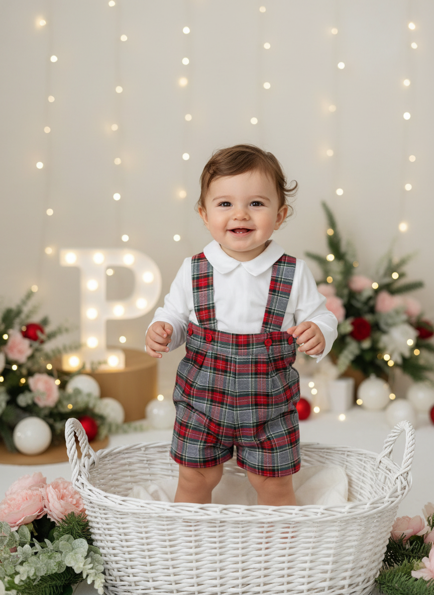 Conjunto menino xadrez cinzento e verde: Calções com alças e camisa