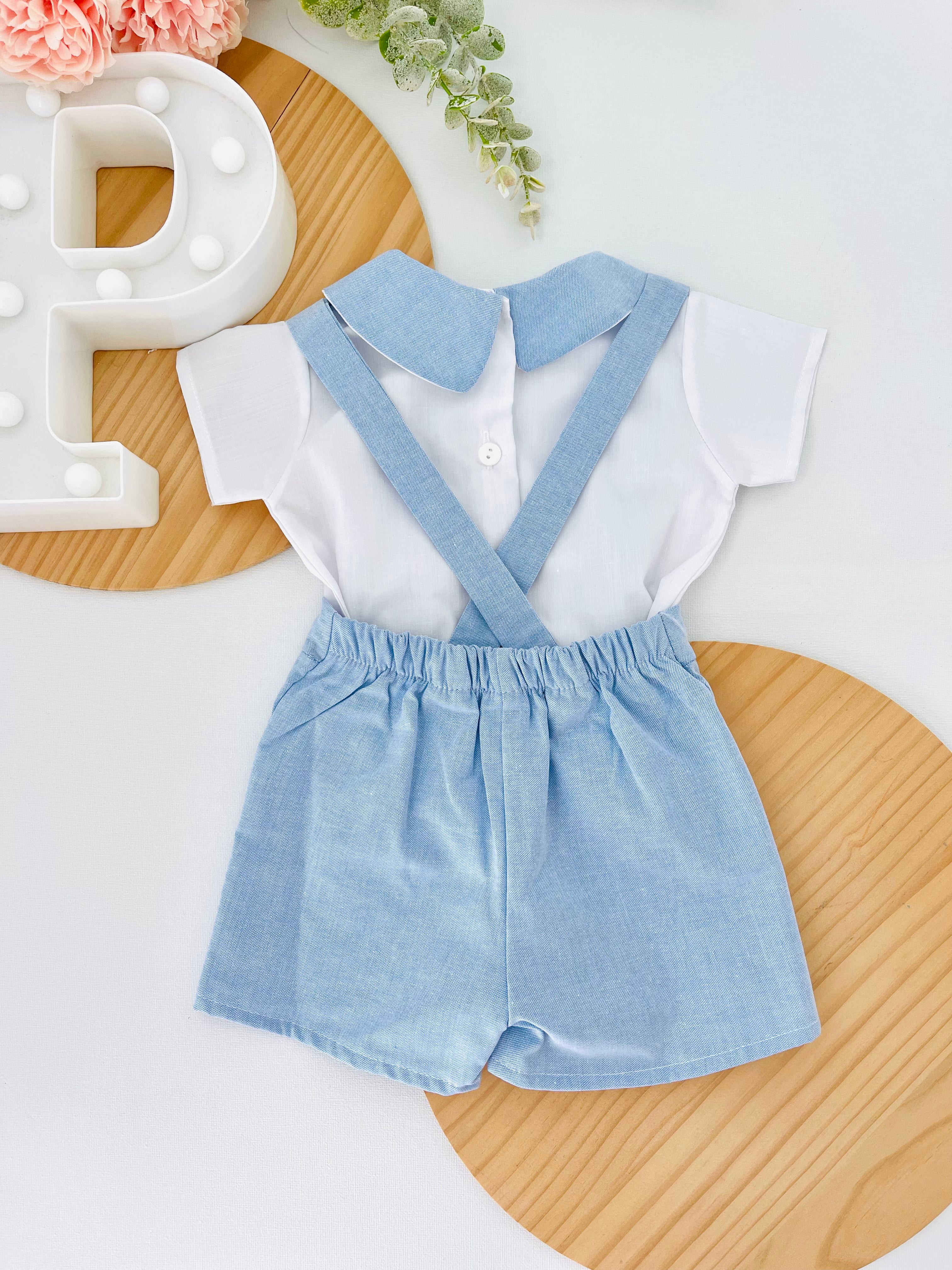 Conjunto Pequeno Príncipe: calções com suspensórios e camisa 3-12M