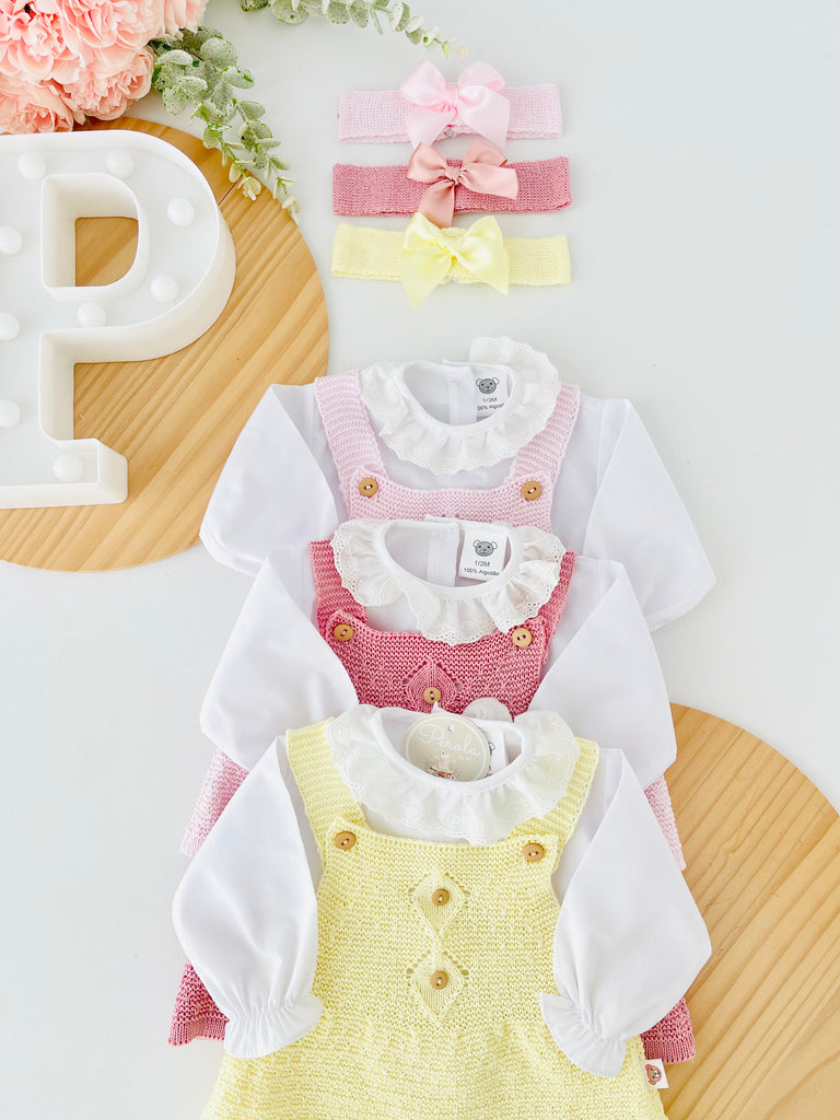 Conjunto: vestido, blusa e fita com laço