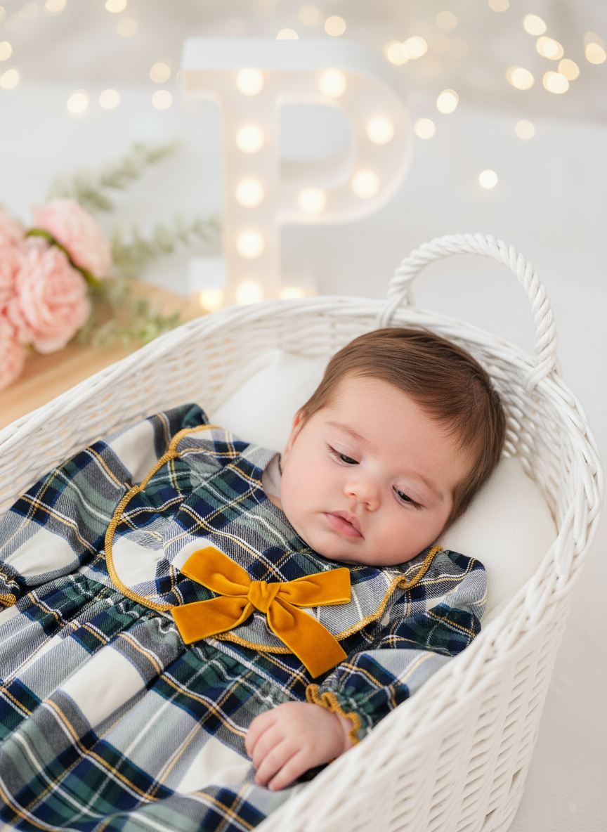 Vestido xadrez verde com laço amarelo
