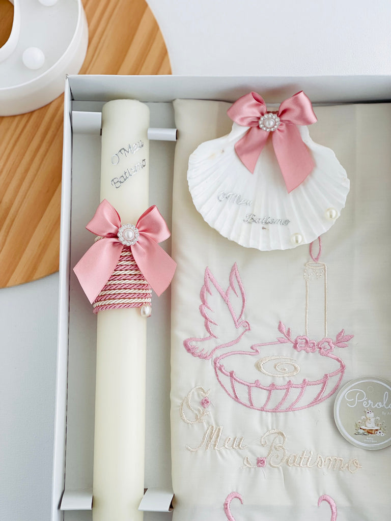 Conjunto para Batizado: vela, toalha e concha Batizado rosa velho pomba