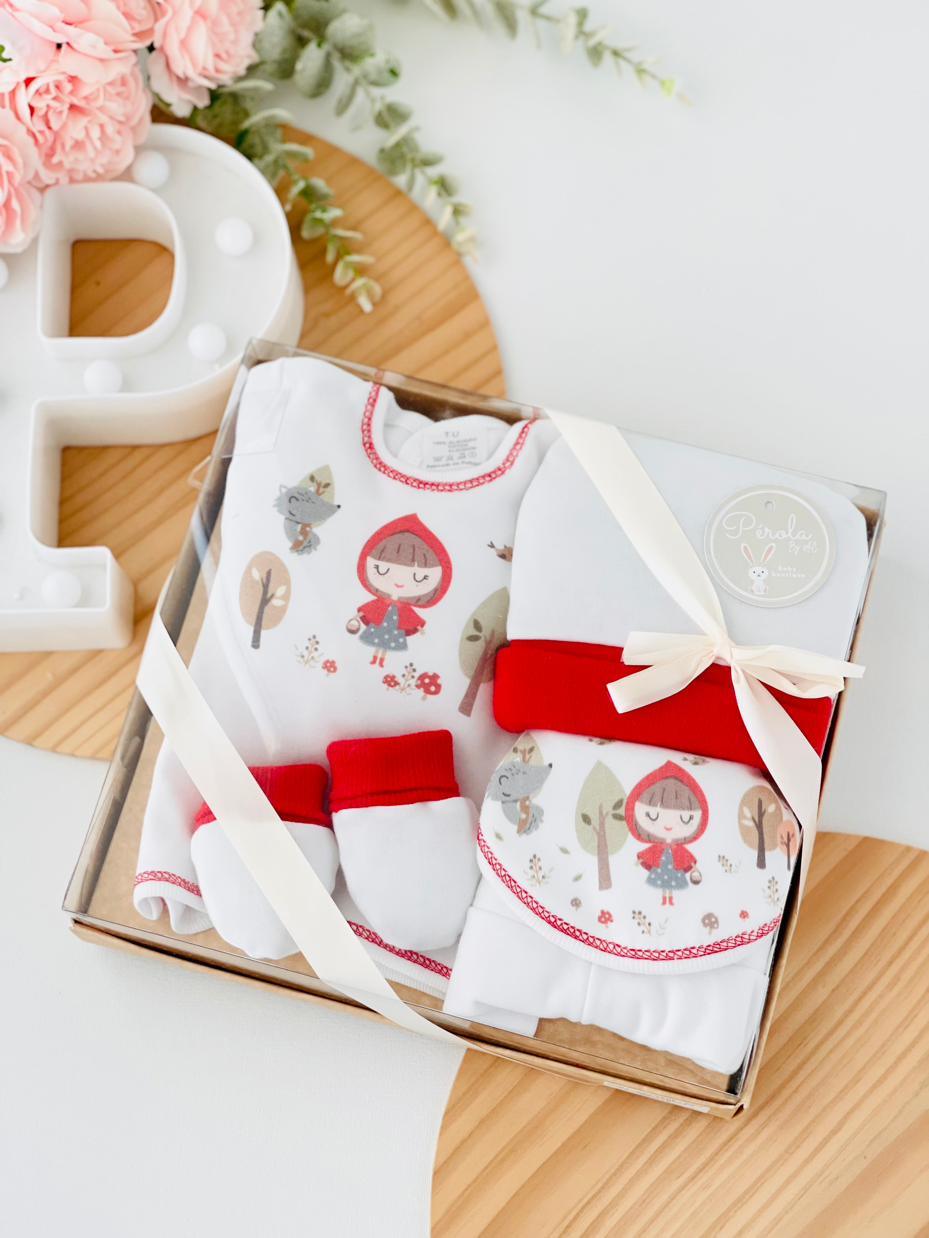 Pack 3 capuchinho vermelho: camisola, calças, gorro, luvas e babete