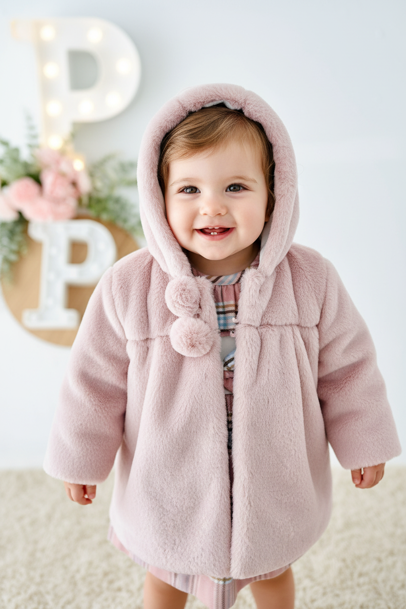 Conjunto Bela: casaco de pêlo comprido e vestido