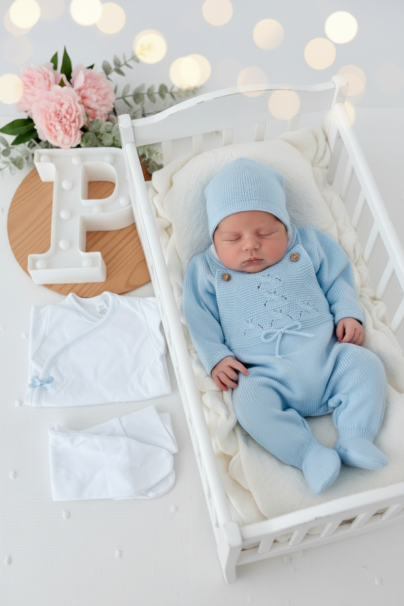Pack saída de maternidade Azul 5 peças: body, calças, jardineiras, camisola e gorro