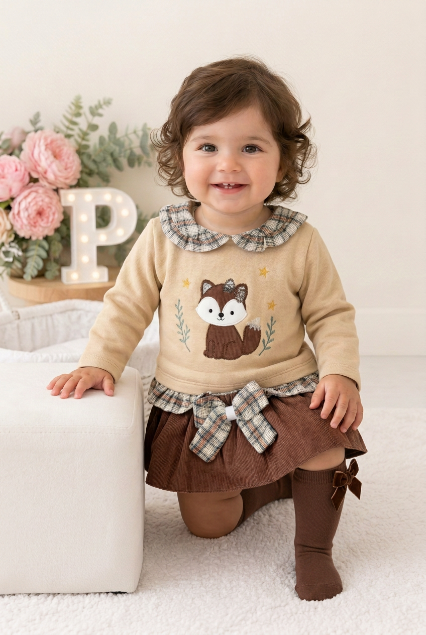Conjunto raposa: camisola e saia/tapa fraldas