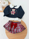 Conjunto ursinho xadrez:  camisola e saia/tapa fraldas