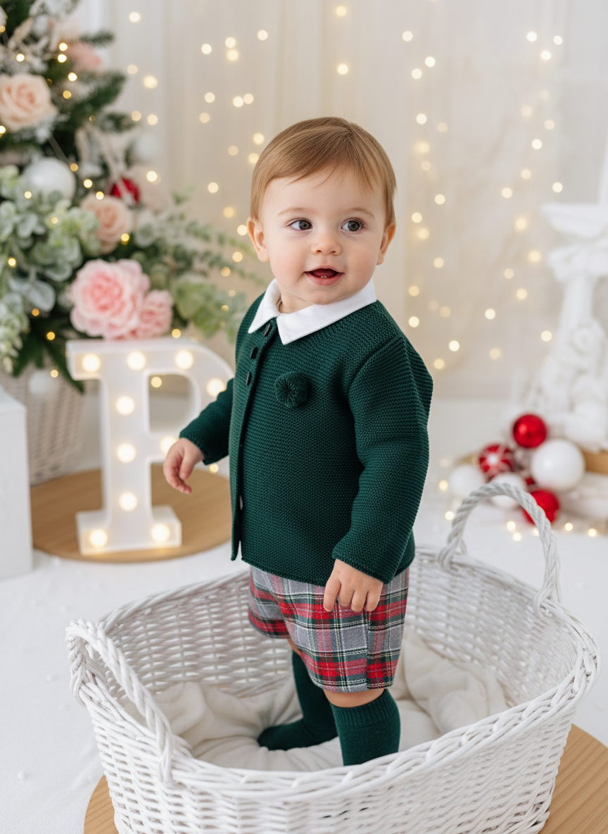 Conjunto menino xadrez cinzento e verde: Calções com alças e camisa