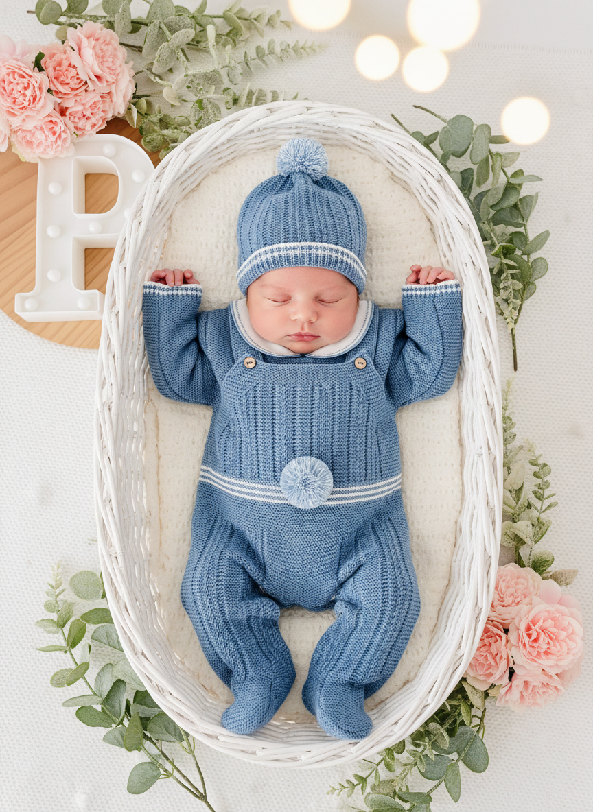 Conjunto Pompom azul cobalto : jardineiras, camisola e gorro